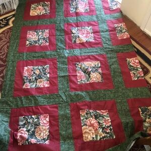 Unfinished Handmade Green and Red Quilted Bedding with Floral Design, 109” by 84